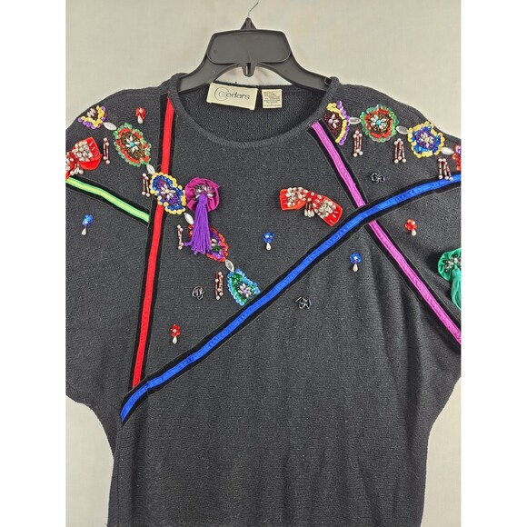 VTG Cedars Beaded Sequin Holiday Sweater Large Black Angora Silk 80s Party Glam - Picture 3 of 12